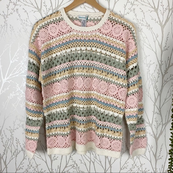 VINTAGE Cottage Crochet Open Knit Linen Blend Sweater Medium Spring Pastel - Picture 3 of 13